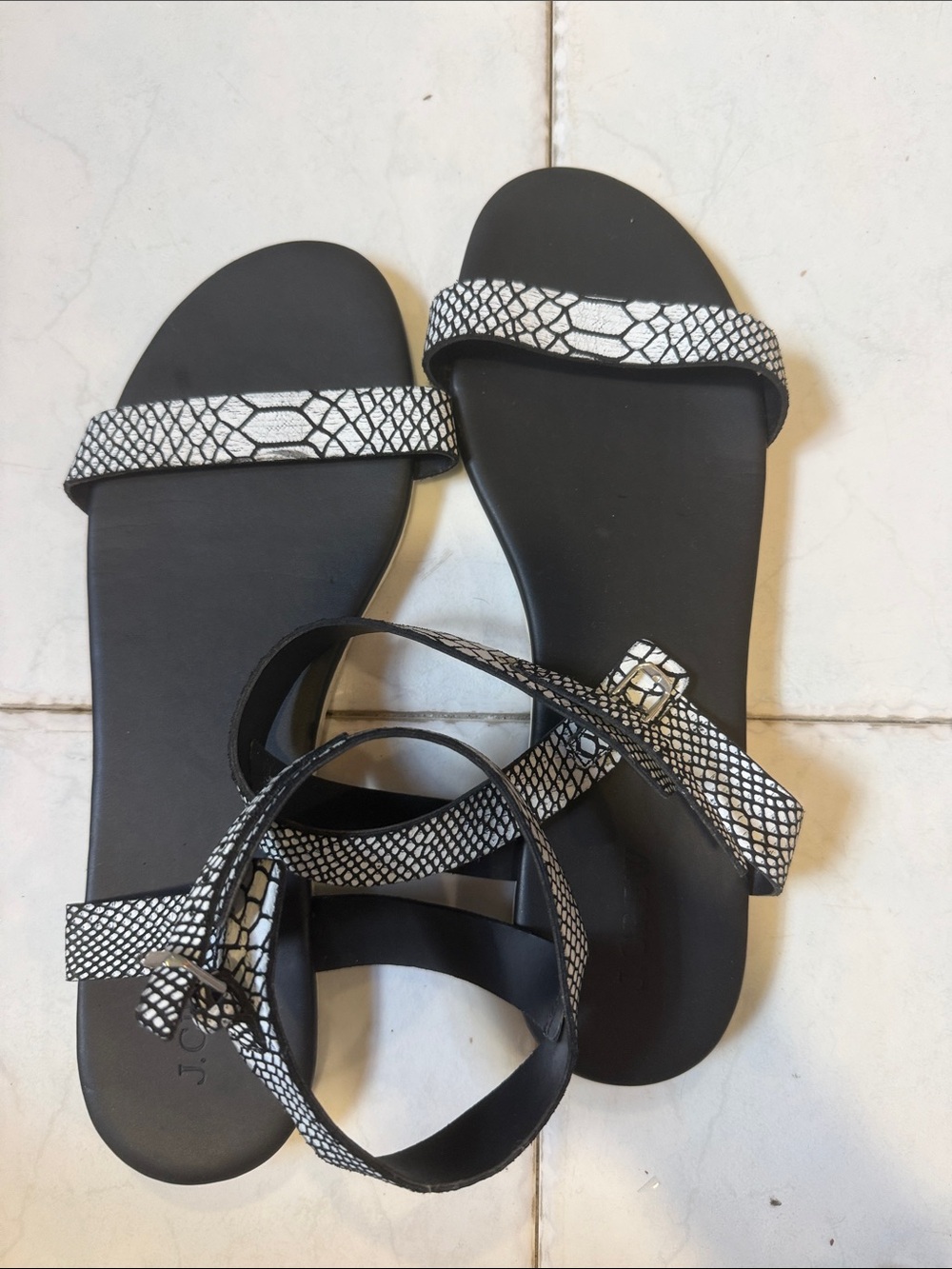 J. Crew Black Sandals with White Snake-Print Straps